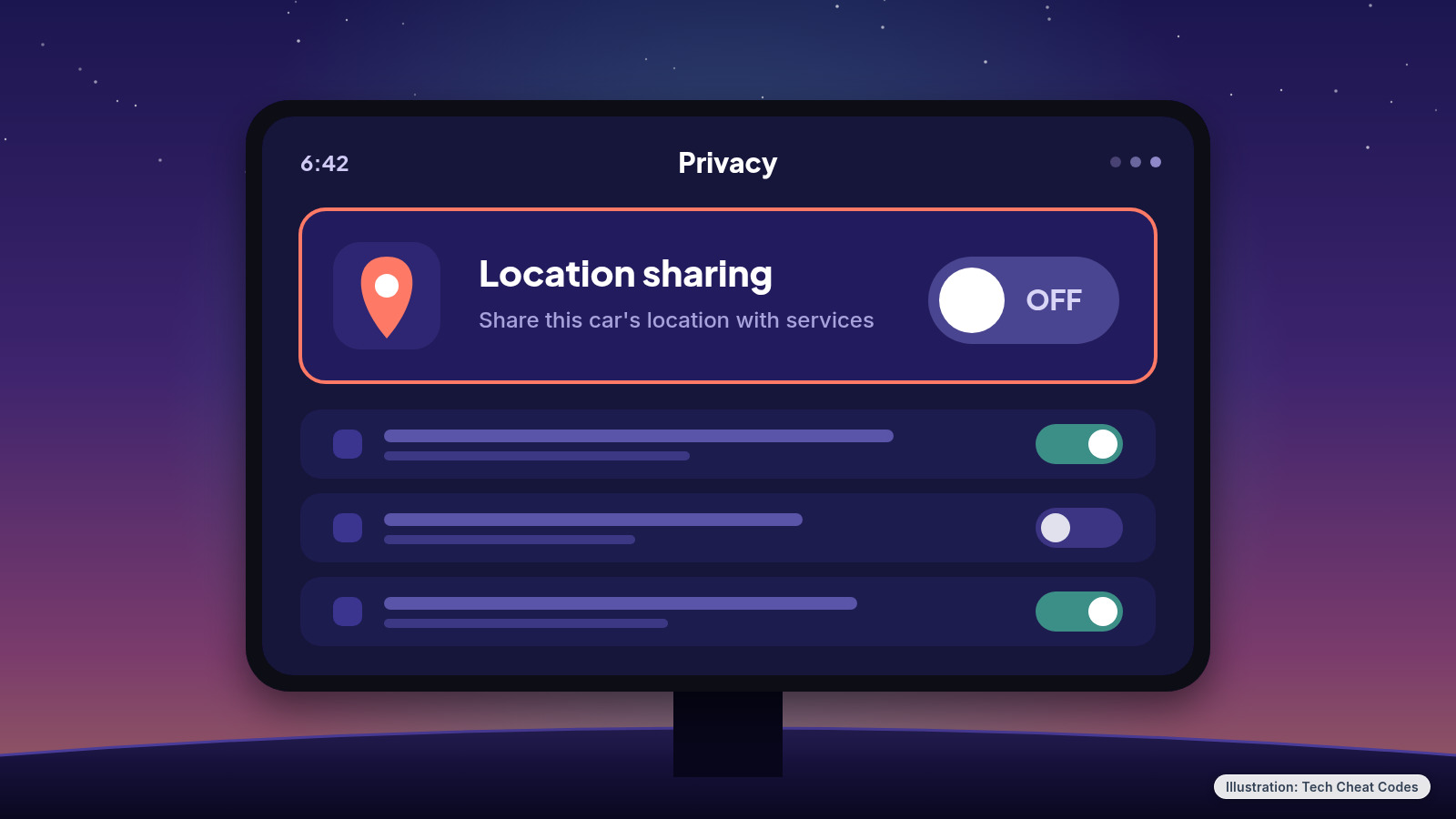 Illustration of a car touchscreen with a location toggle switched off.