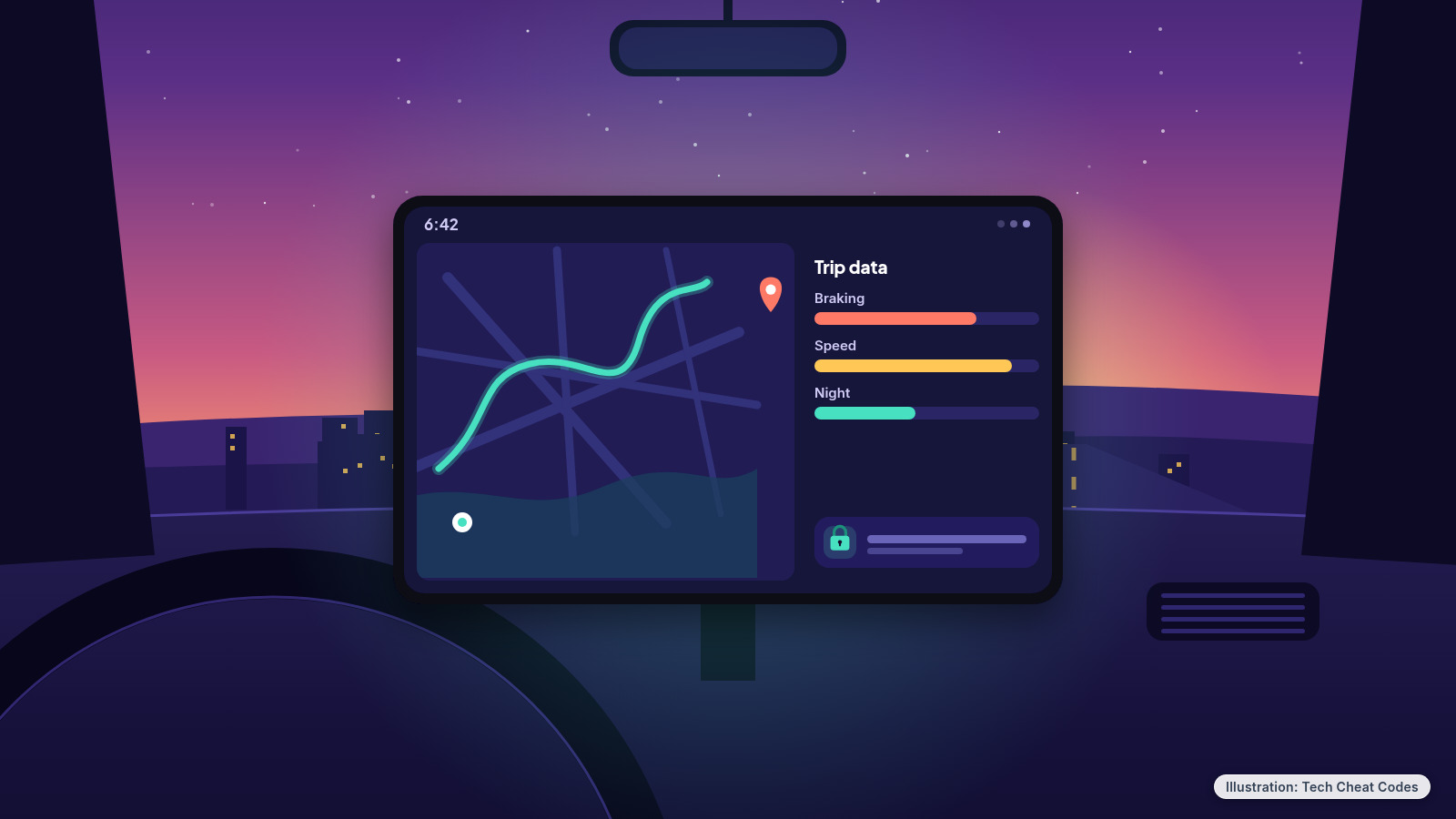 Illustration of a generic car dashboard at night with a touchscreen showing a route line and a padlock icon.