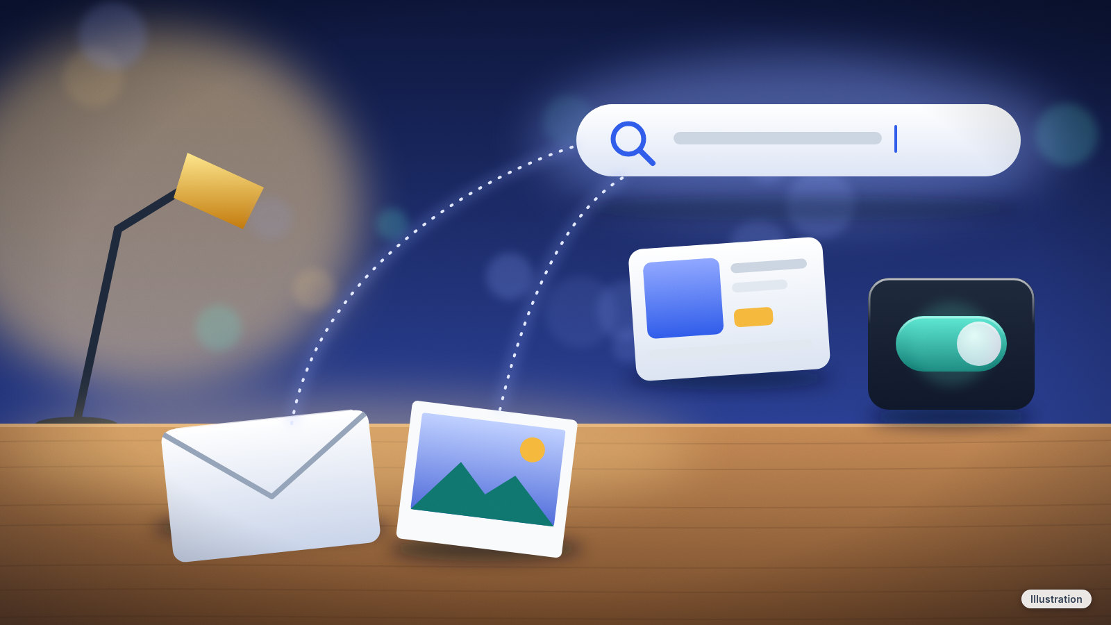 Illustration: an envelope and a photo print on a desk, linked by glowing dotted lines to a floating search bar, with a small ad card and an on-off switch.