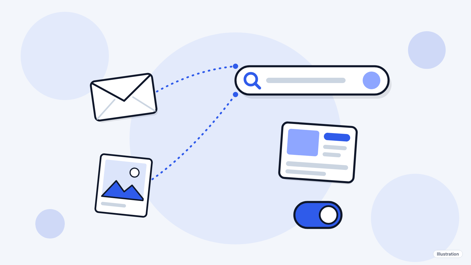 Illustration: an envelope and a photo print linked by a thin line to a search bar, with a small ad card and an on-off switch beside them.
