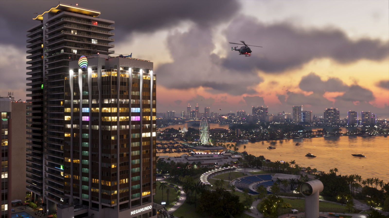 Image: Official Grand Theft Auto VI screenshot of the Vice City skyline at sunset.