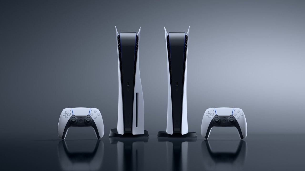 Photo: Two PlayStation 5 consoles and two DualSense controllers.
