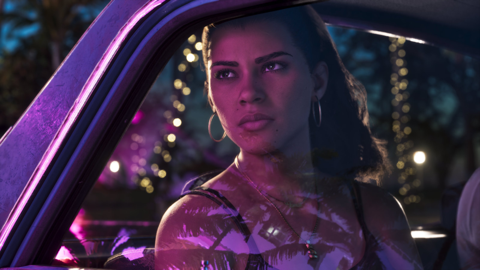 Image: Official Grand Theft Auto VI screenshot of Lucia at a car window at night.