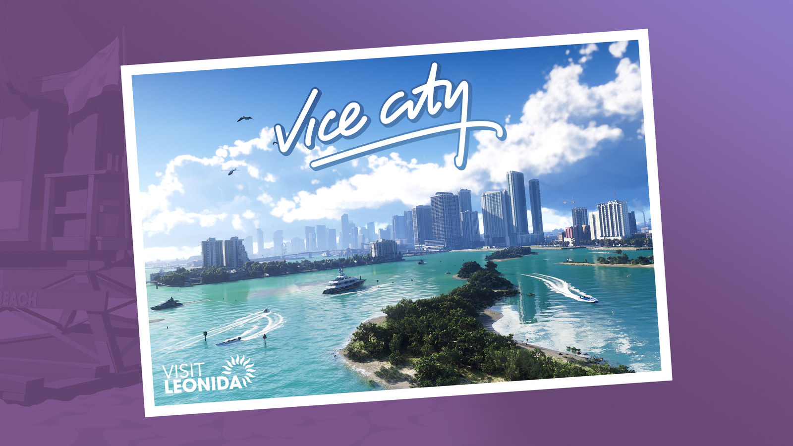 Image: Rockstar's official Grand Theft Auto VI 'Vice City, Visit Leonida' postcard art showing the Vice City skyline, a turquoise bay and speedboats.