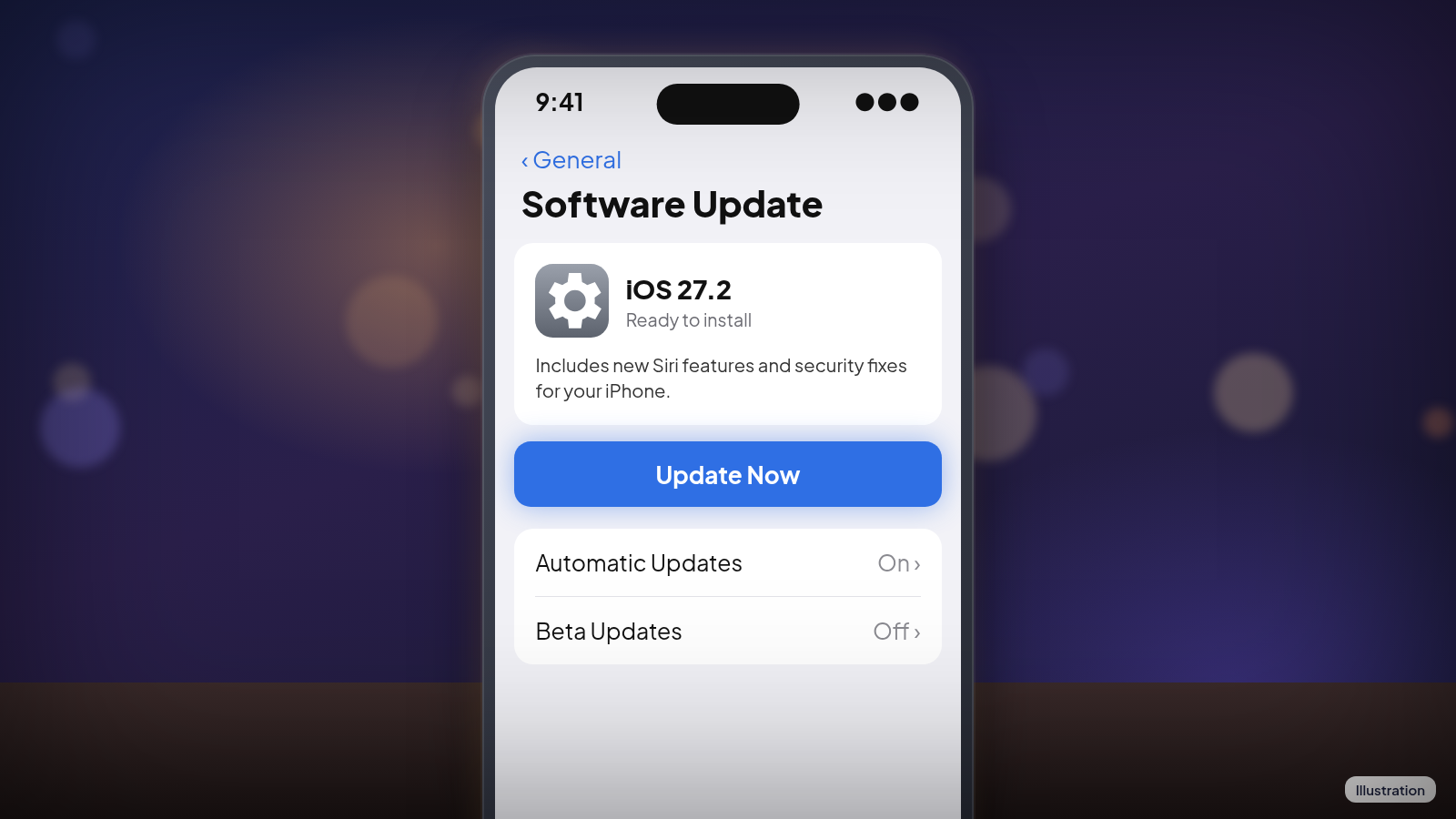 An iPhone screen showing the Software Update page with iOS 27.2 ready to install.