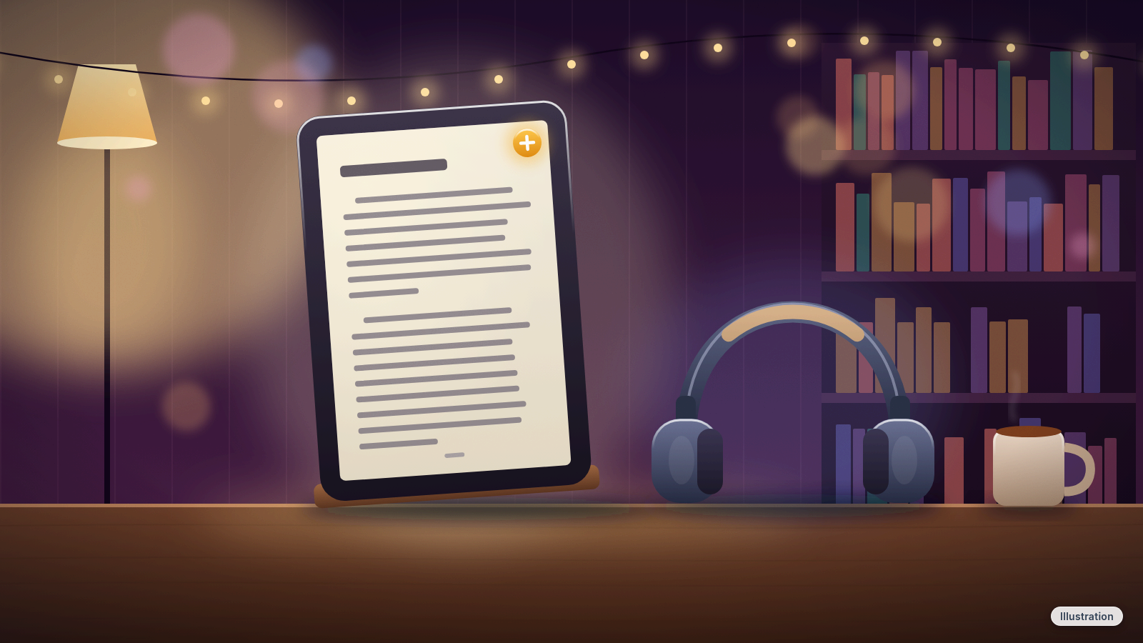 Illustration: an e-reader showing a page of text, with a pair of headphones resting beside it and a small plus sign badge in the corner of the screen.