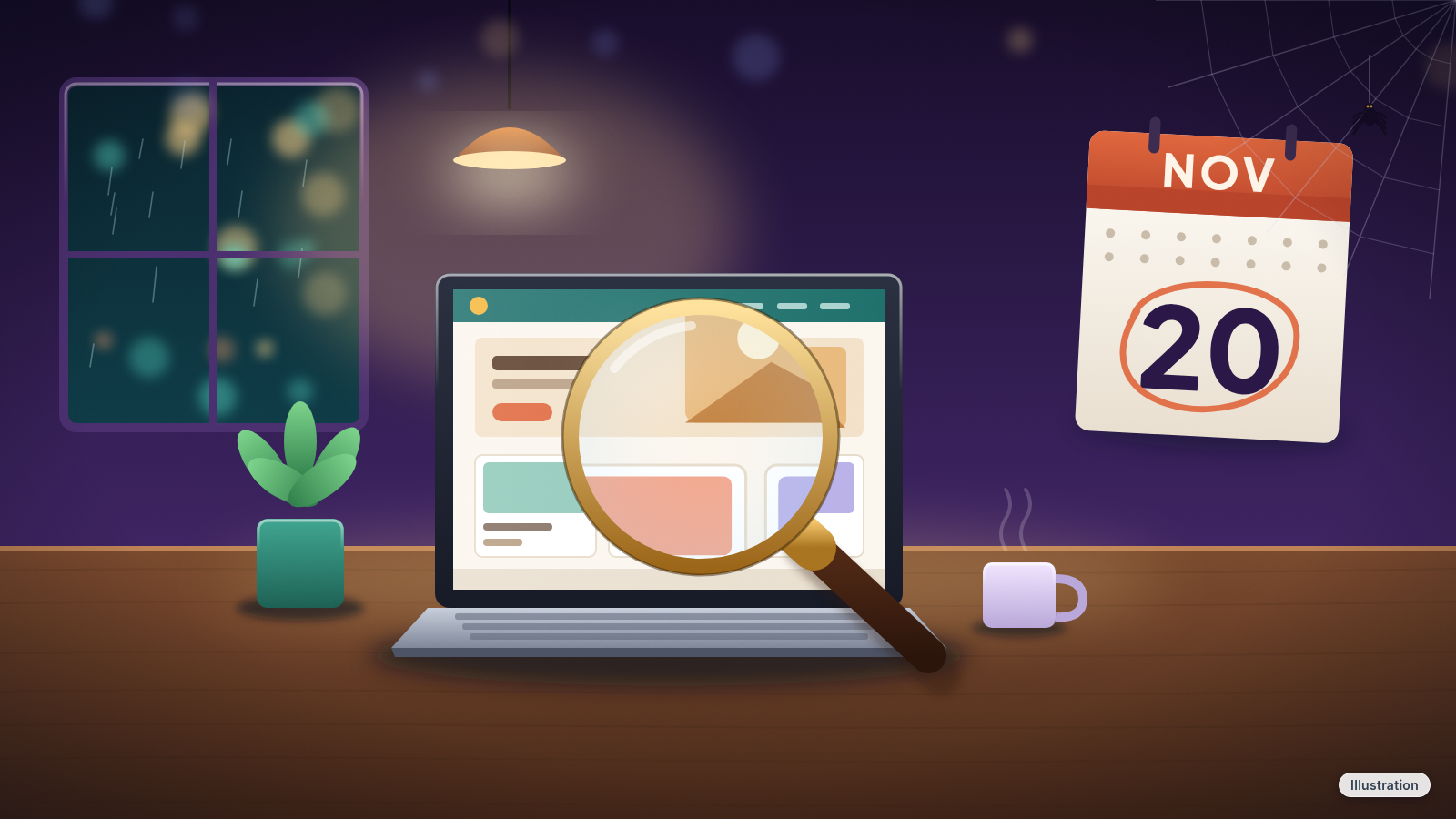 Illustration of a small shop's website under a magnifying glass beside a calendar marked Nov 20