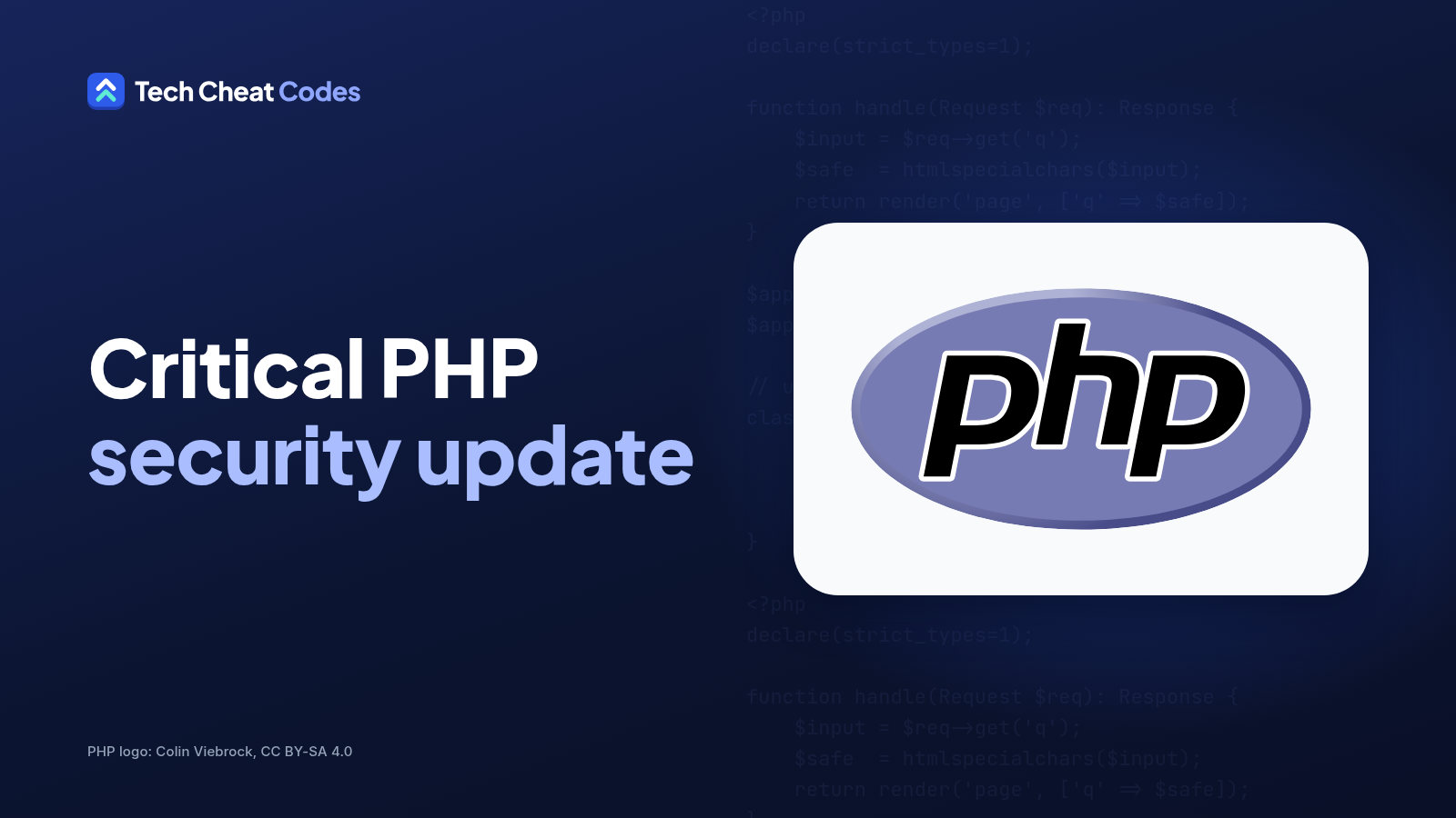 Official PHP logo, the letters php inside an oval, on a dark text card reading: Critical PHP security update.