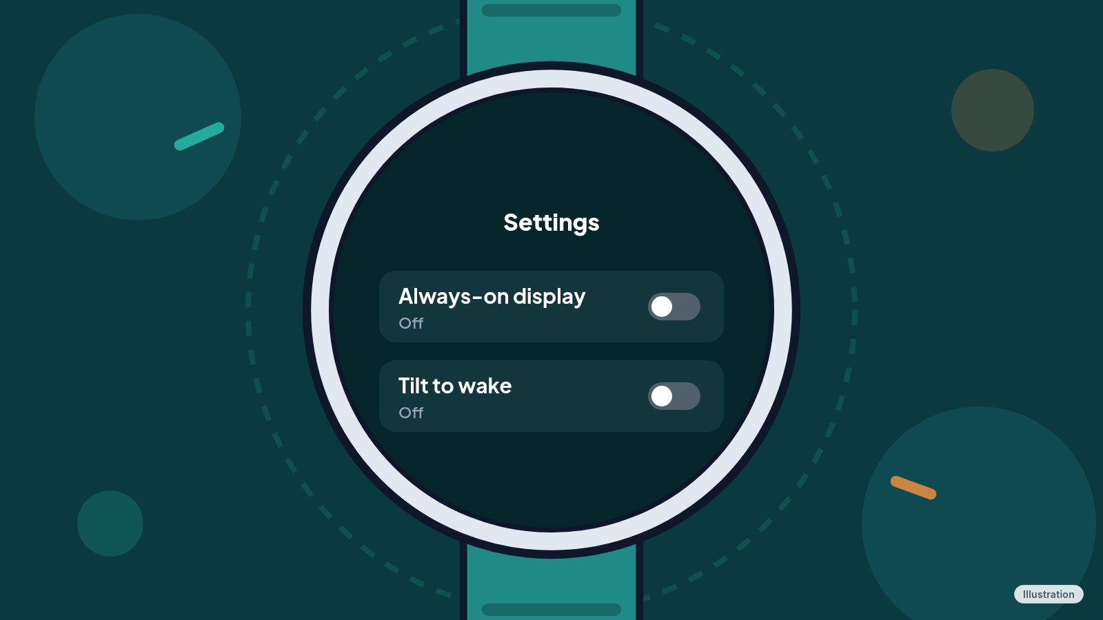 Illustration of a smartwatch settings list with toggles for always-on display and tilt to wake switched off.