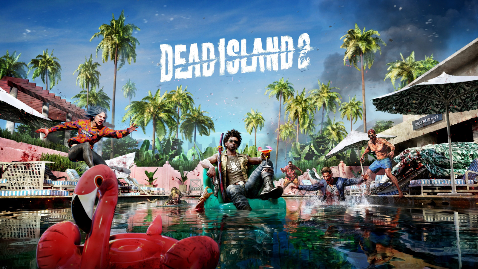 Key art for Dead Island 2: a survivor holding a cocktail on a teal inflatable chair in a flooded resort pool, with zombies around the pool, a red flamingo float in the foreground and palm trees behind.