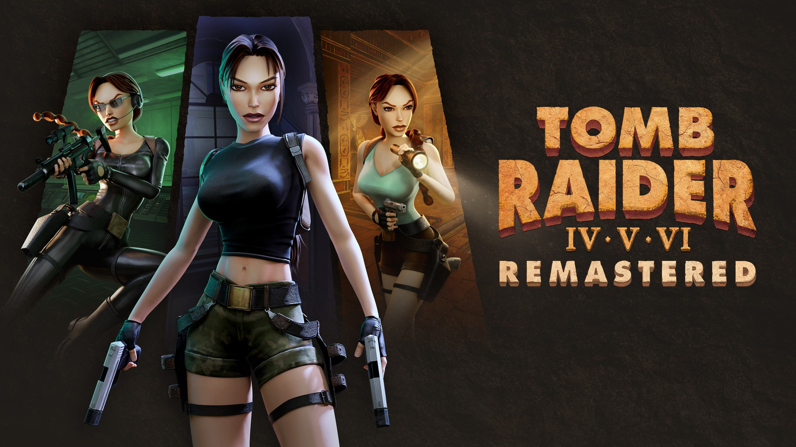 Key art for Tomb Raider IV-VI Remastered showing Lara Croft in three outfits beside the game's logo.