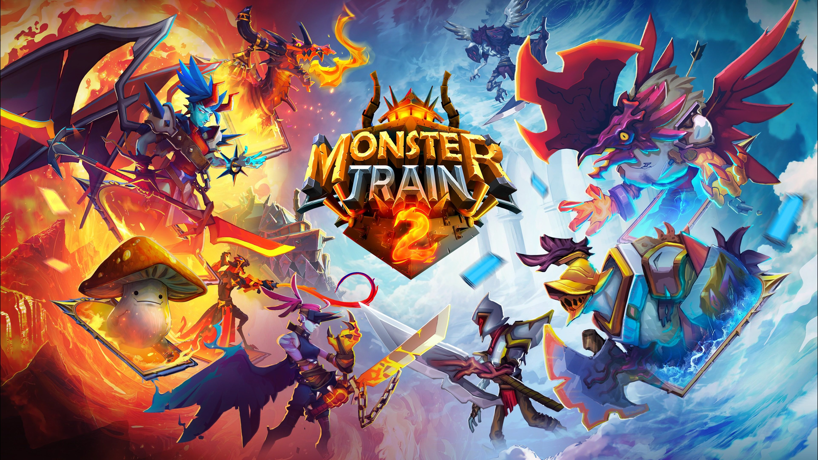 Key art for Monster Train 2 showing fiery and icy monsters on either side of the game's logo.