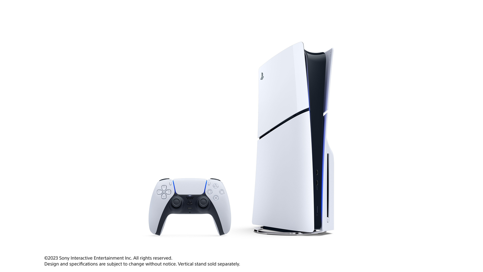 Photo: A PlayStation 5 console standing upright next to a DualSense wireless controller.