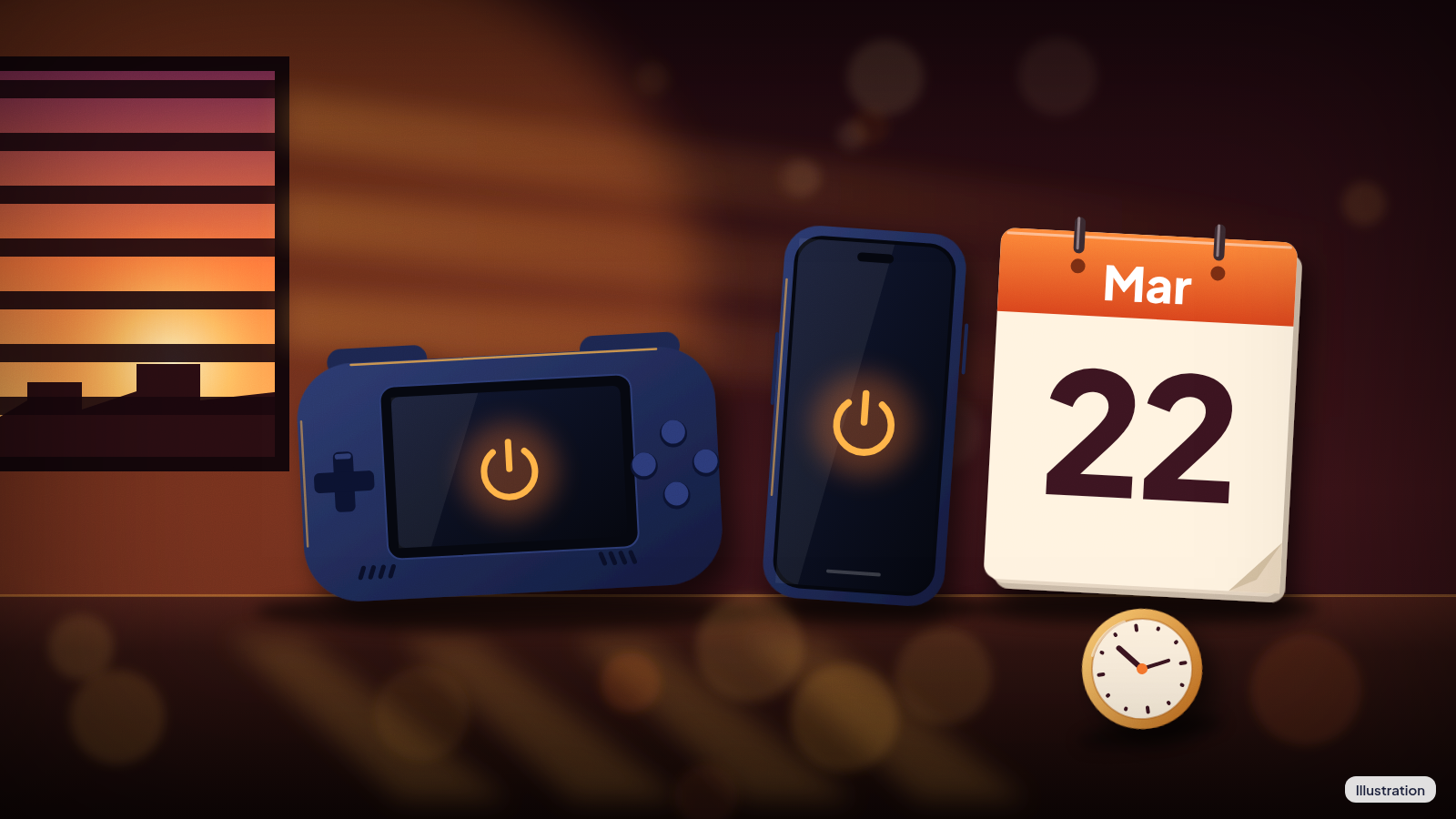 Illustration of a handheld game console and a phone with dark screens and power-off icons, beside a calendar page reading Mar 22 and a small clock.