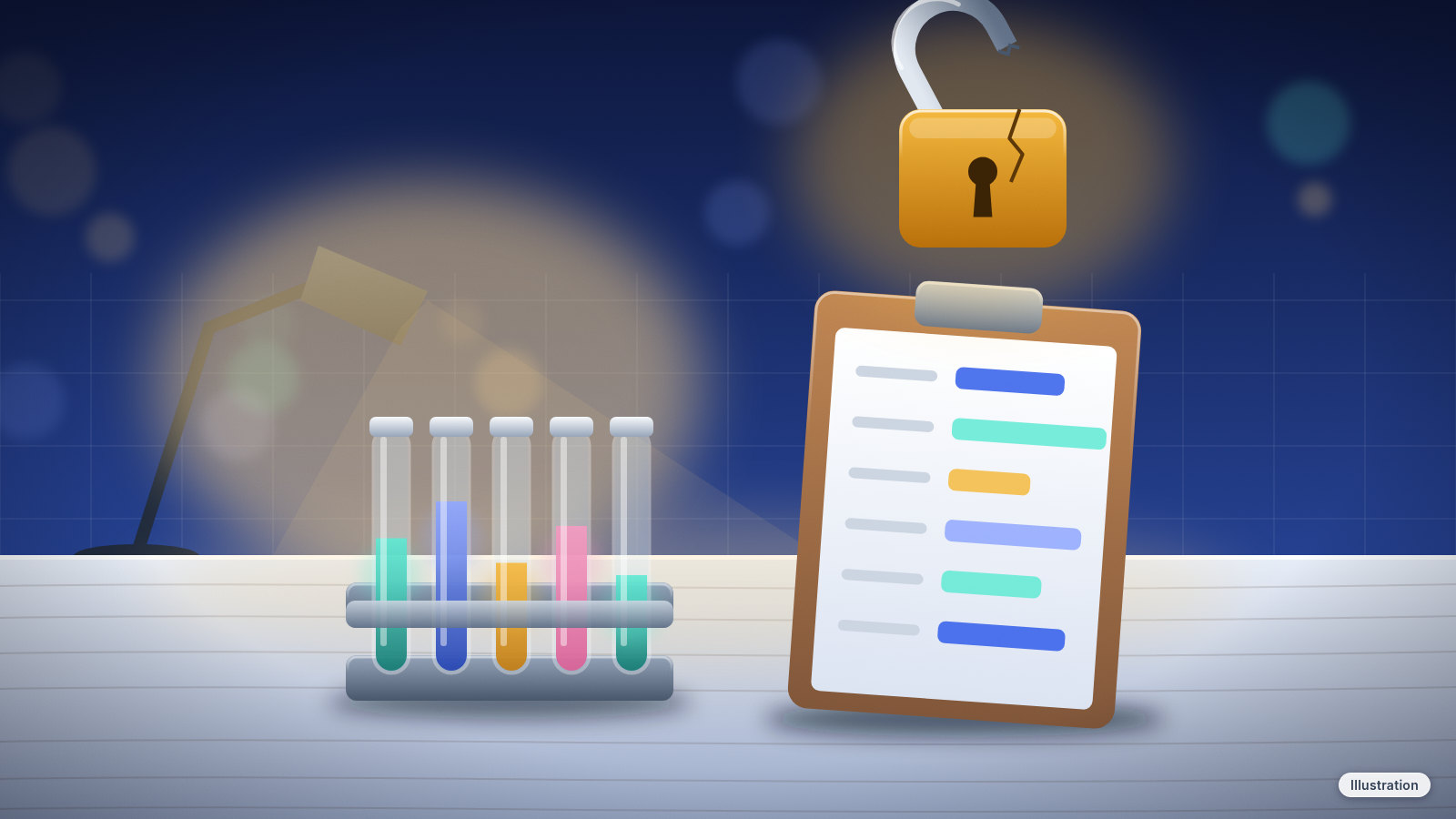 Illustration: a rack of glowing test tubes beside a clipboard of lab results on a lit lab bench, under a cracked, broken-open padlock.