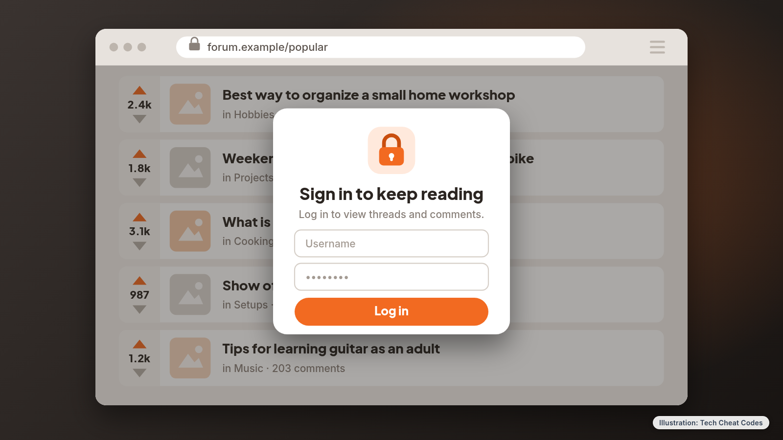 Illustration of a web page of forum threads partly covered by a sign-in box with a padlock.