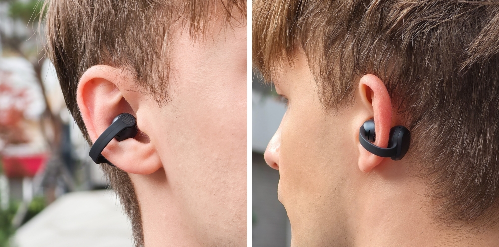 Two close-up photos of the black clip-on Galaxy Buds On band resting on a person's ear
