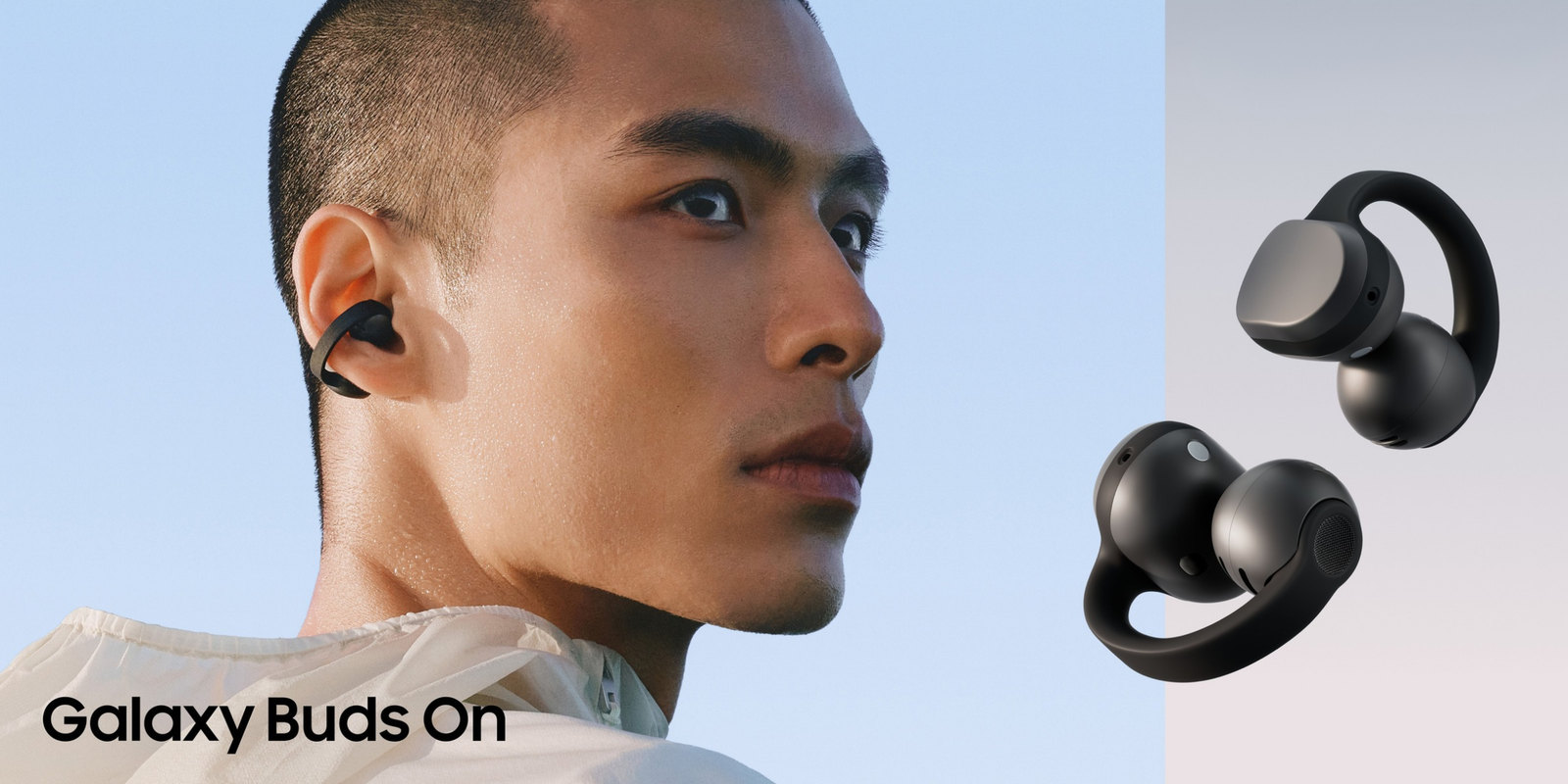 A man wearing a black Samsung Galaxy Buds On clip-on earbud next to two floating earbuds