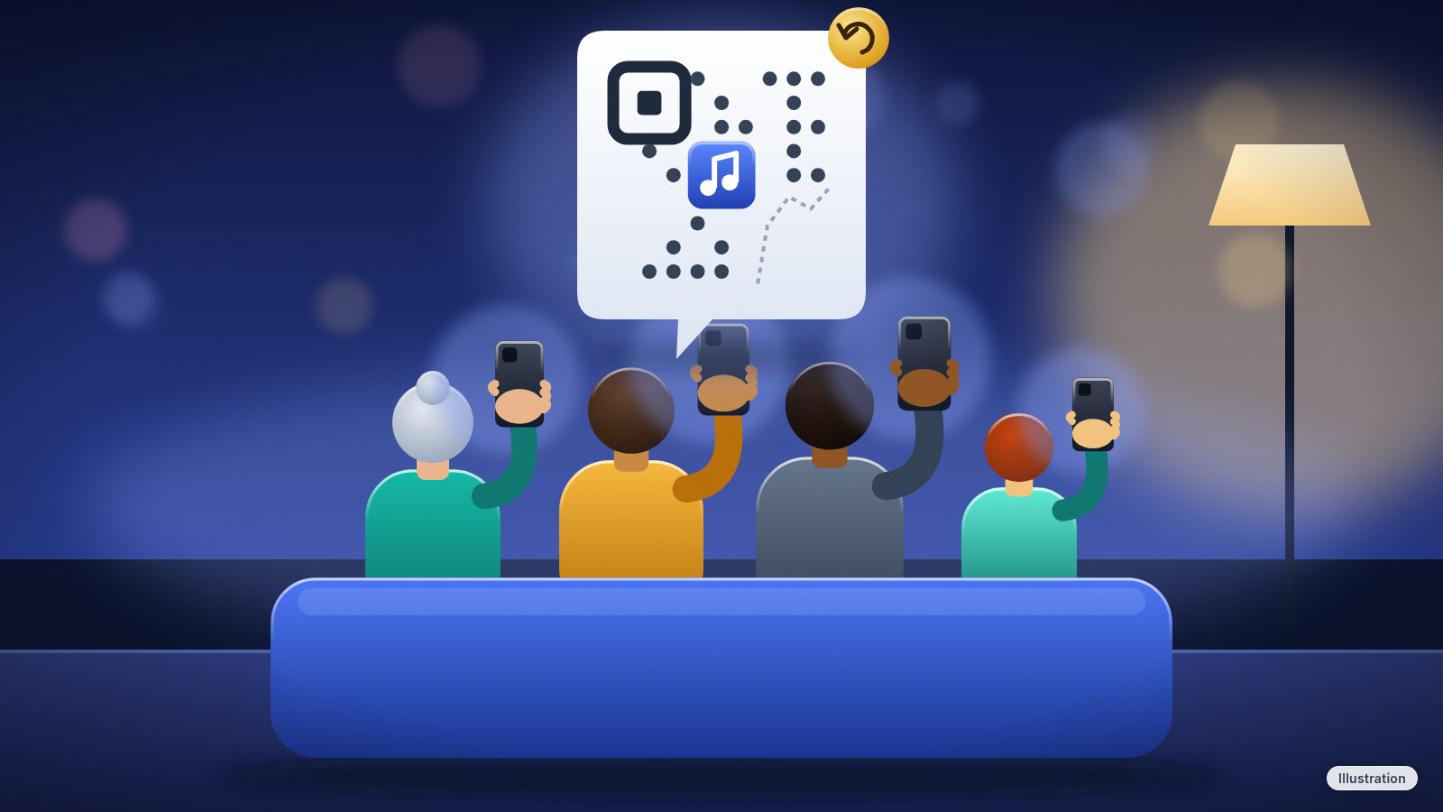 Illustration: a family of four of different ages, seen from behind on a couch, each holding up a phone, under a speech bubble with an abstract code-style tile and a music-note badge.