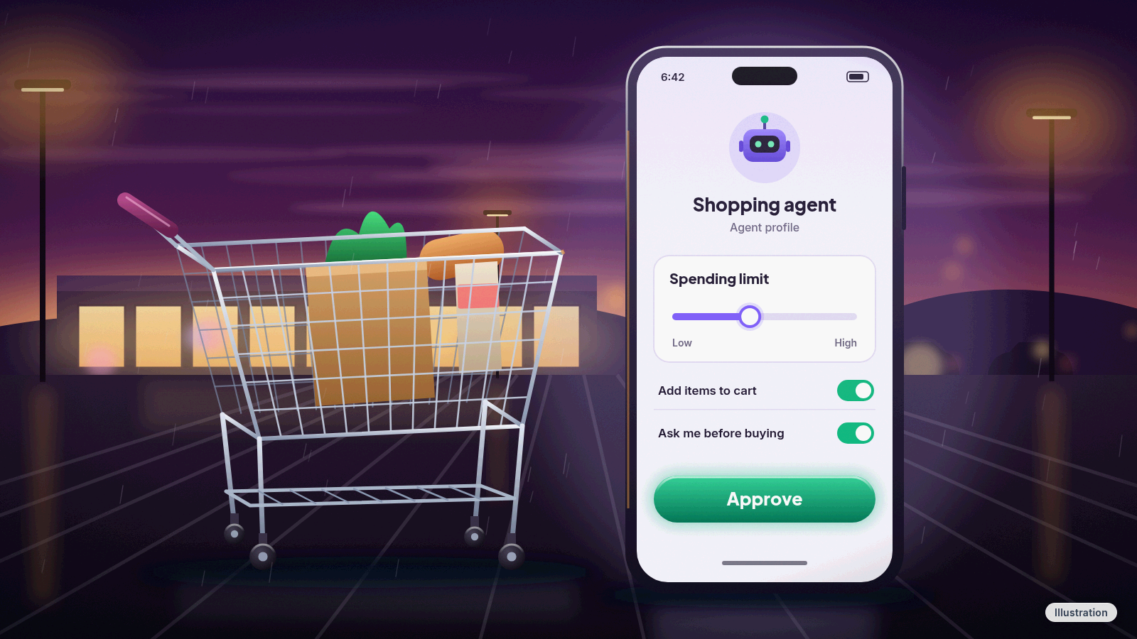 Illustration: a shopping cart beside a phone screen showing a small robot icon, a spending limit slider and an Approve button.