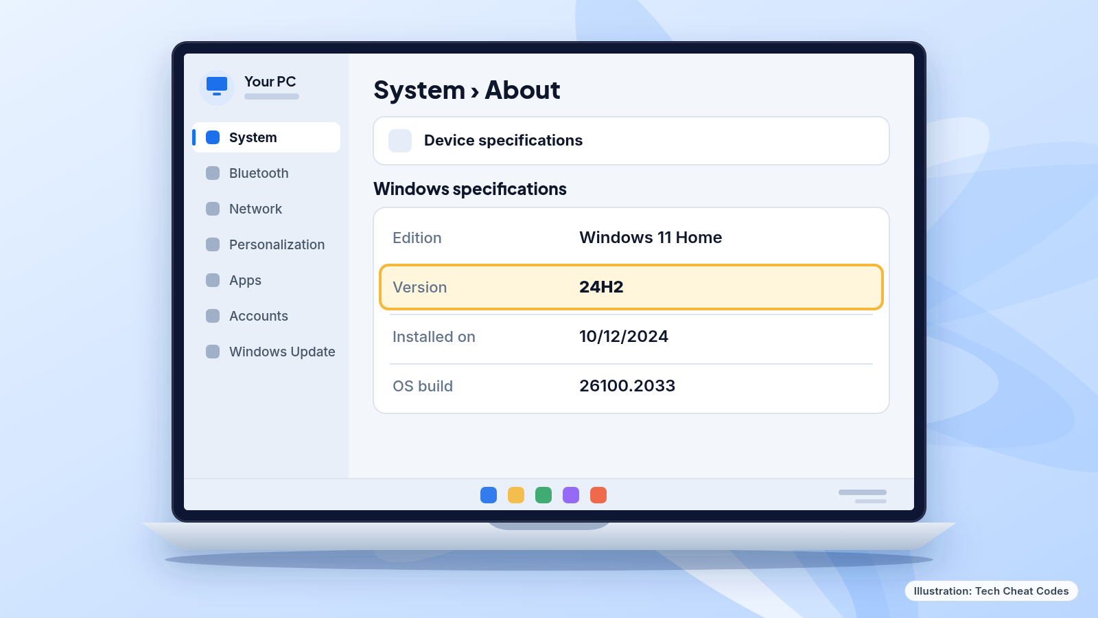 Illustration: a laptop Settings screen showing System > About, with the Version line highlighted and reading 24H2.