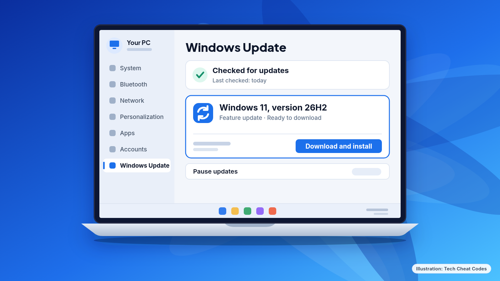 Illustration: a laptop showing a Windows Update screen with a version number and a Download and install button.