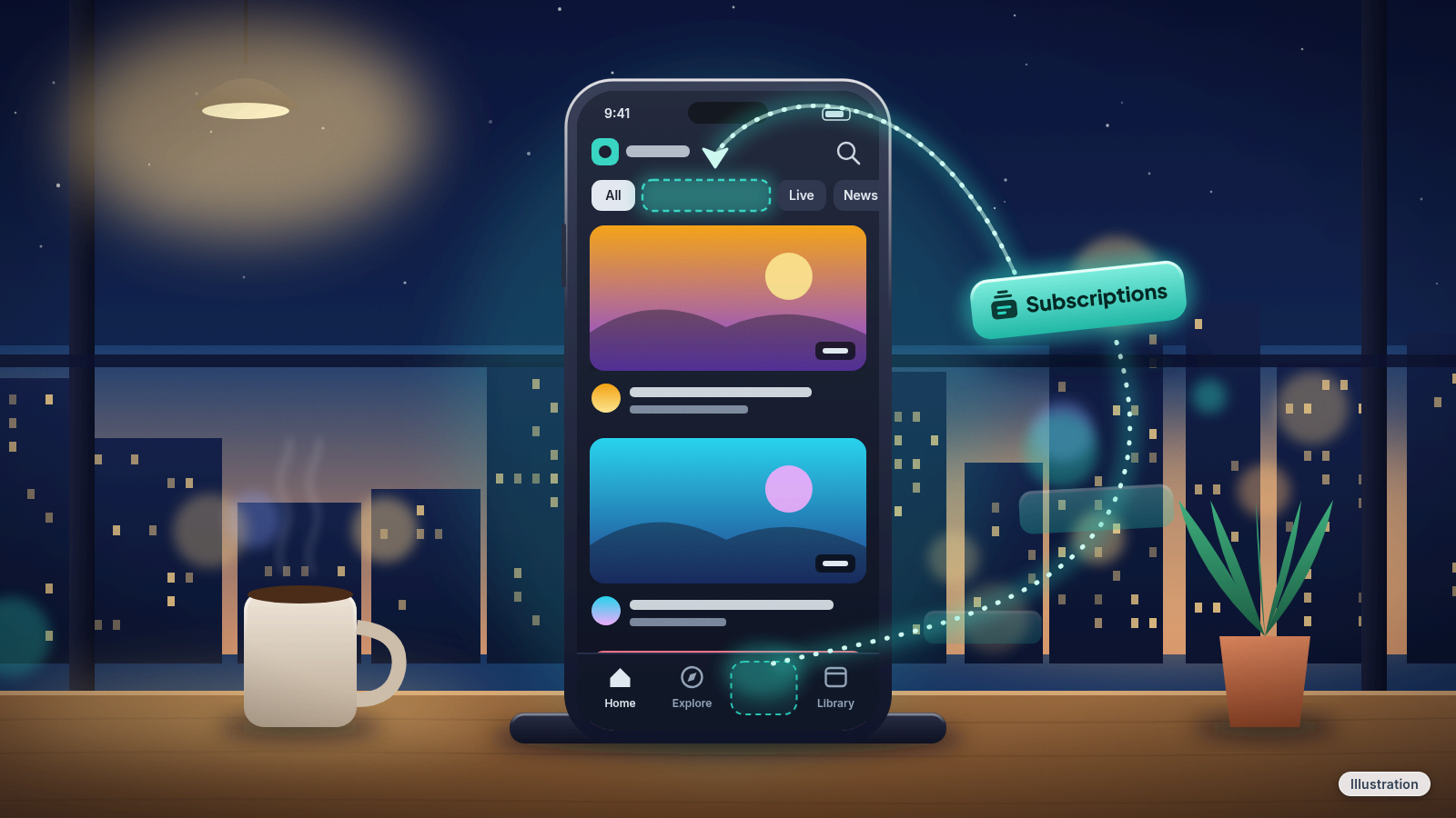 Illustration: a phone running a video app, with a Subscriptions button lifting out of the bottom row and landing in a row of tabs at the top of the screen.