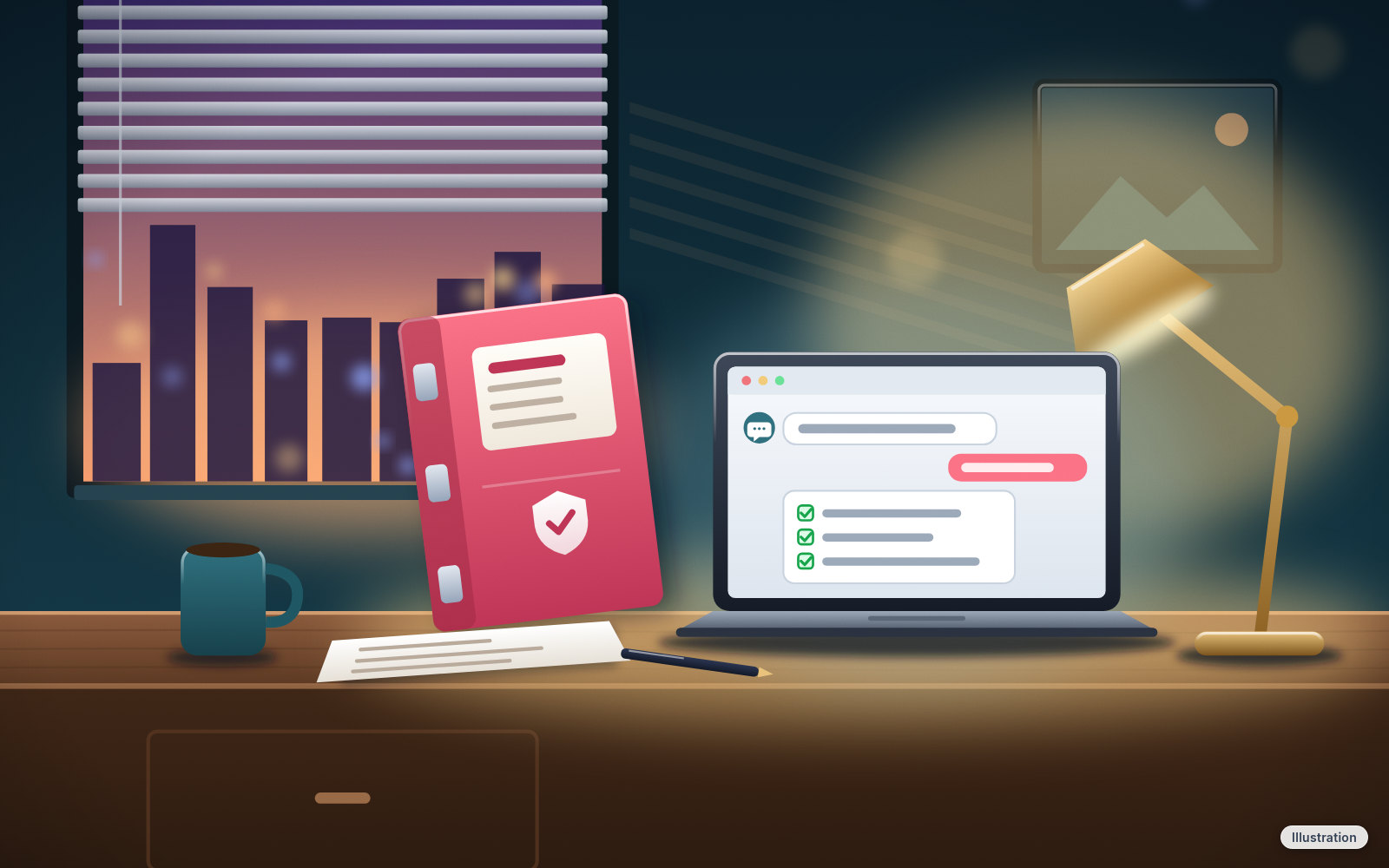 Illustration: a small office desk at dusk with a raspberry ring binder marked with a shield and check, a printed page and a pen, a laptop showing a chat window with a checked-off checklist, and a brass desk lamp, in front of a window with half-open blinds.