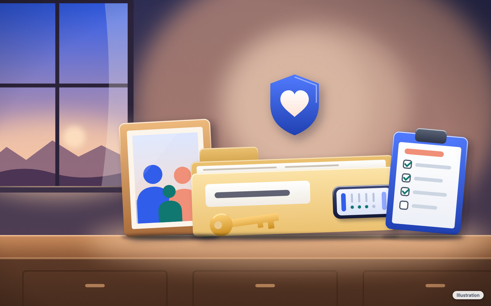 Illustration: a wooden sideboard at dusk beside a window with a blue-to-peach evening sky over hills. On it stand a wood photo frame holding a family drawn as simple faceless shapes, a manila folder with a blank label, a gold key and a phone lying on its front, and a blue clipboard checklist with three of four items checked off. A blue shield with a white heart sits above in a warm glow.