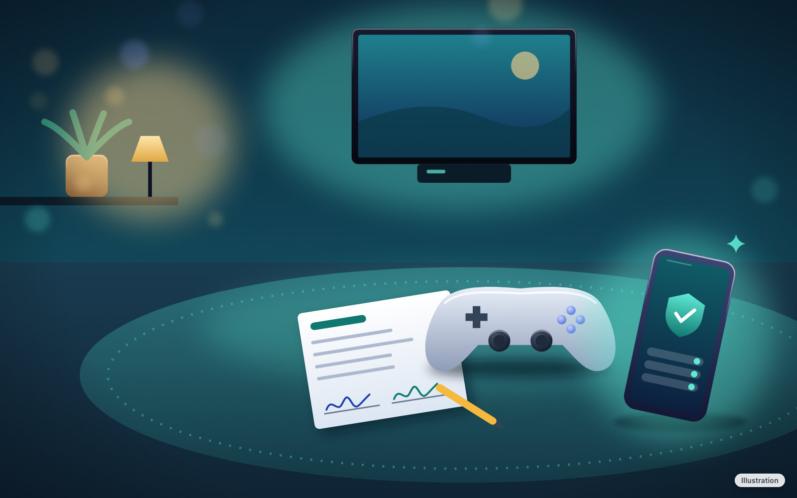 Illustration: a game controller, a phone with a shield on its screen and a signed family agreement on a round rug in a den lit by a wall-mounted TV, with a small lamp and plant on a shelf.