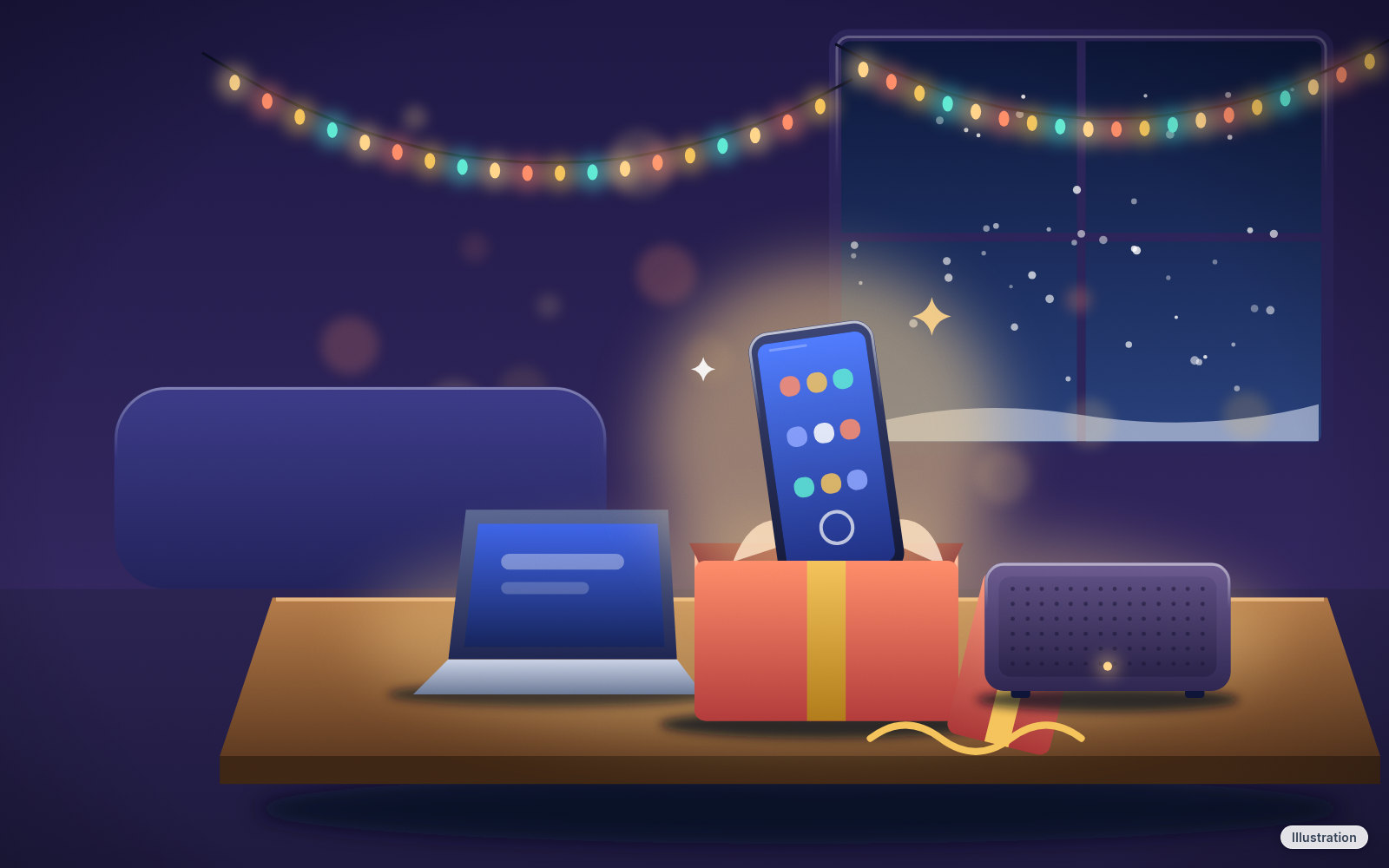 Illustration: an opened coral gift box with a new phone rising out of it on a wooden coffee table, beside a laptop and a plain fabric speaker, with string lights and a snowy window behind.
