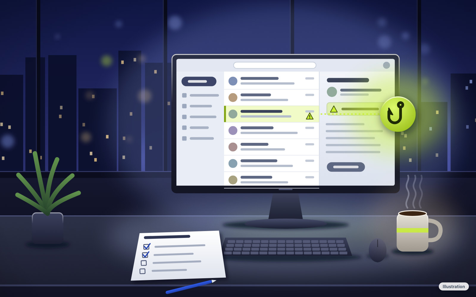 Illustration: an office desk at night in front of a window with city lights. A monitor shows a generic email inbox drawn as gray bars; one message is highlighted yellow-green with a warning triangle, and a round yellow-green badge with a fishhook sits beside it, linked by a dotted line. On the desk are a printed checklist with two of four boxes checked, a blue pen, a keyboard, a mouse, a steaming coffee mug and a potted plant.