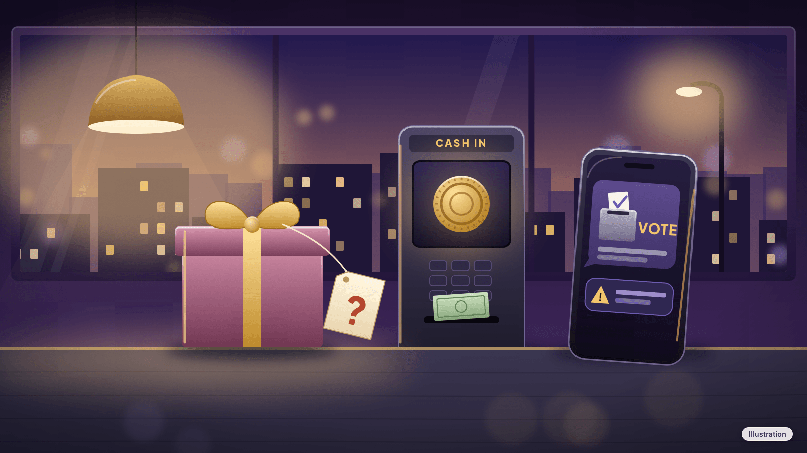 Illustration: A gift box with a question-mark tag, a cash kiosk with a coin on its screen, and a phone showing a vote text, on a shop counter at dusk.